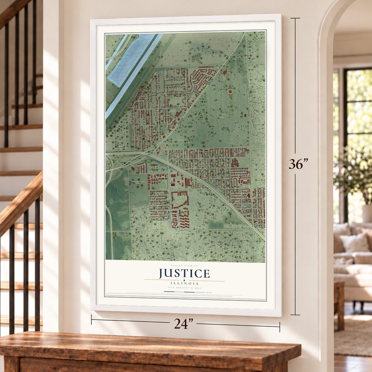 Justice, Illinois map, 24 x 36 inch print in a white frame by a staircase