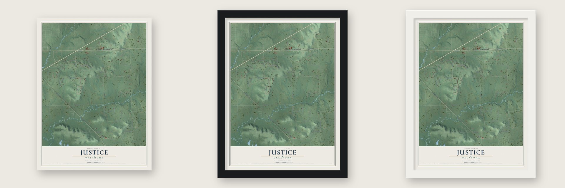 Justice, Oklahoma map unframed, in a black wood frame and in a white wood frame