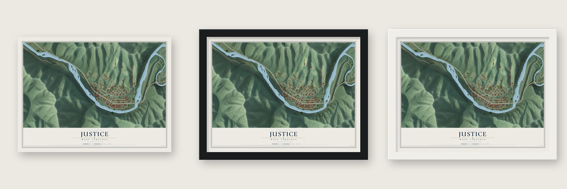 Justice, West Virginia map unframed, in a black wood frame and in a white wood frame