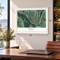 Justice, West Virginia map, 18 x 24 inch print in a white frame in a home office