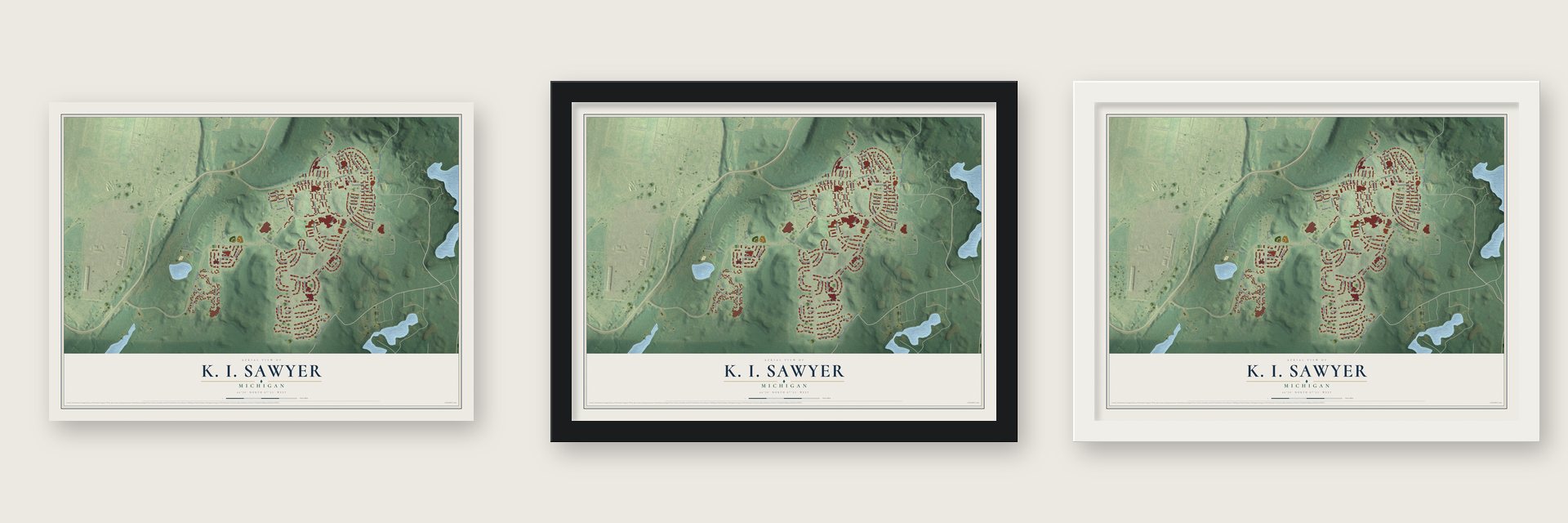 K. I. Sawyer, Michigan map unframed, in a black wood frame and in a white wood frame