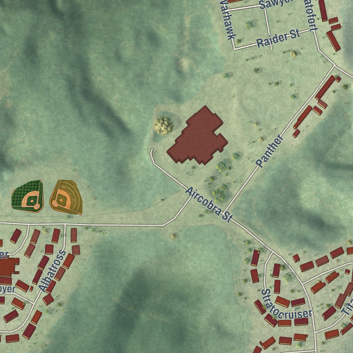 Second close-up of the map of K. I. Sawyer, Michigan print showing more streets and buildings