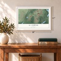 K. I. Sawyer, Michigan map, 12 x 18 inch print in a white frame in an entryway