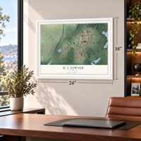 K. I. Sawyer, Michigan map, 18 x 24 inch print in a white frame in a home office