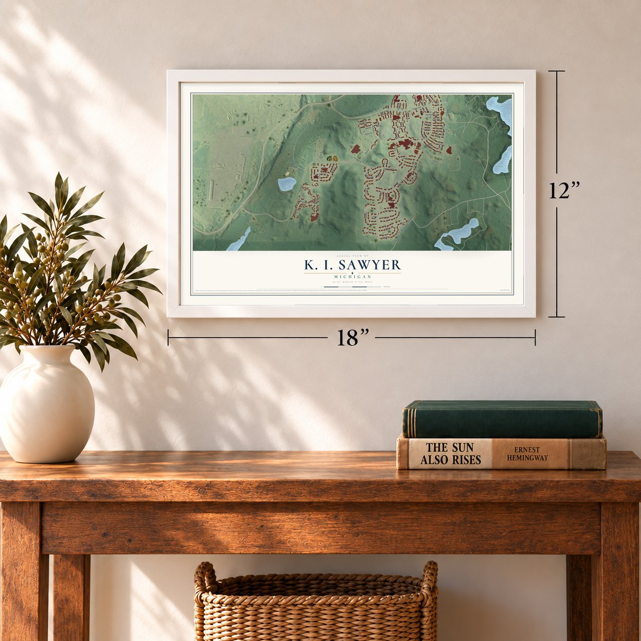 K. I. Sawyer, Michigan map, 12 x 18 inch print in a white frame in an entryway