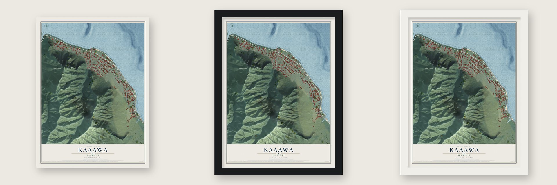 Kaaawa, Hawaii map unframed, in a black wood frame and in a white wood frame