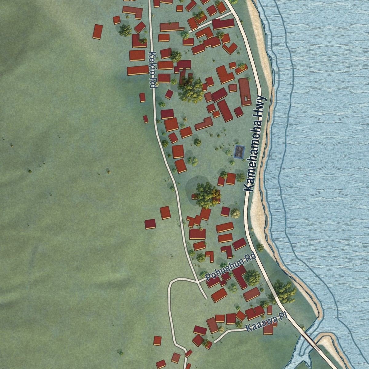 Second close-up of the map of Kaaawa, Hawaii print showing more streets and buildings