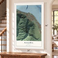 Kaaawa, Hawaii map, 24 x 36 inch print in a white frame by a staircase