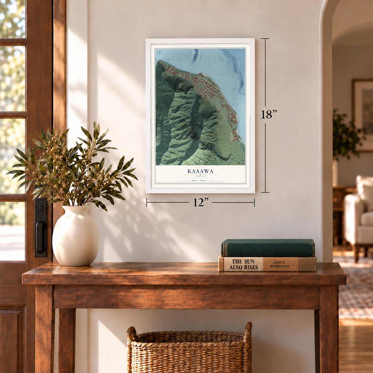 Kaaawa, Hawaii map, 12 x 18 inch print in a white frame in an entryway