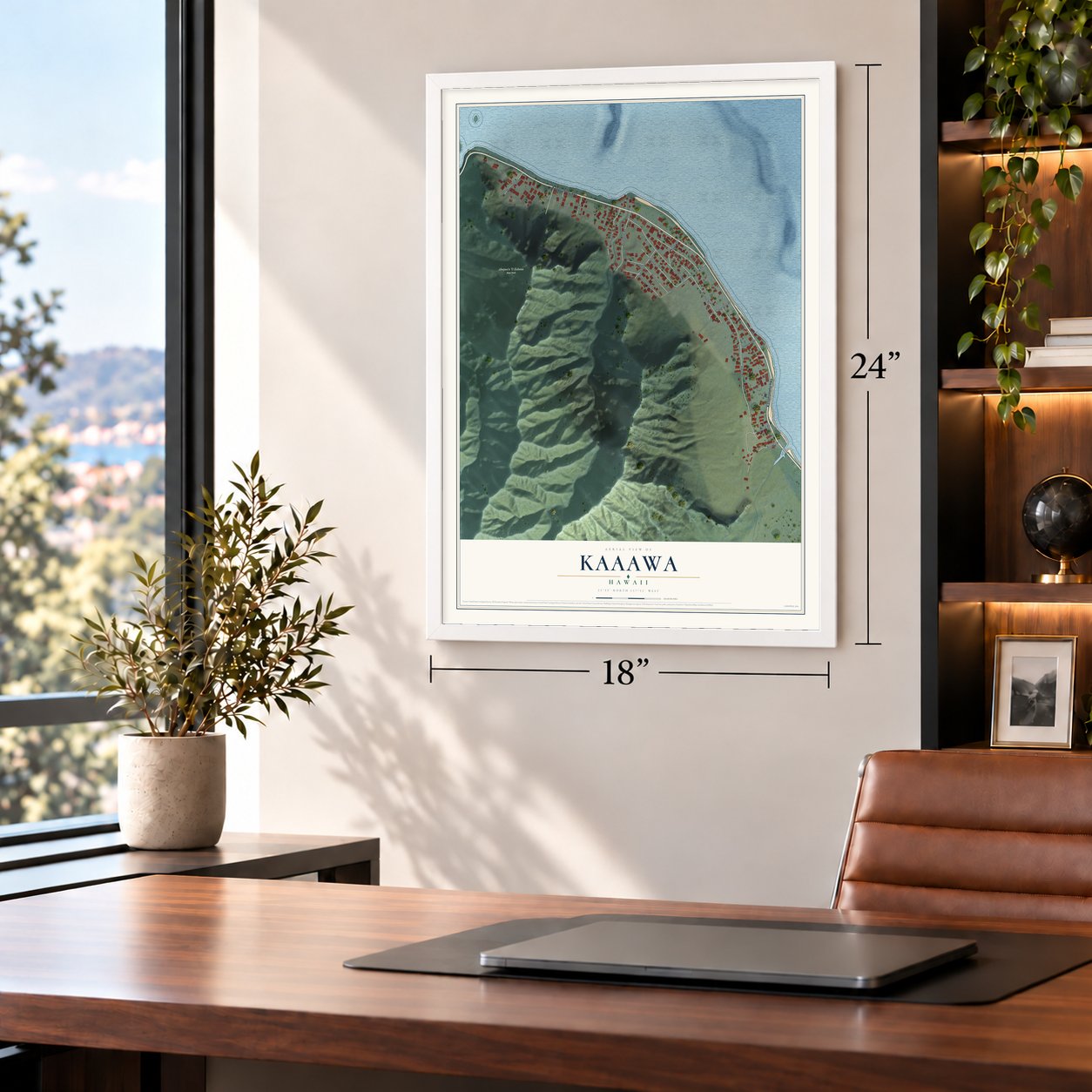 Kaaawa, Hawaii map, 18 x 24 inch print in a white frame in a home office