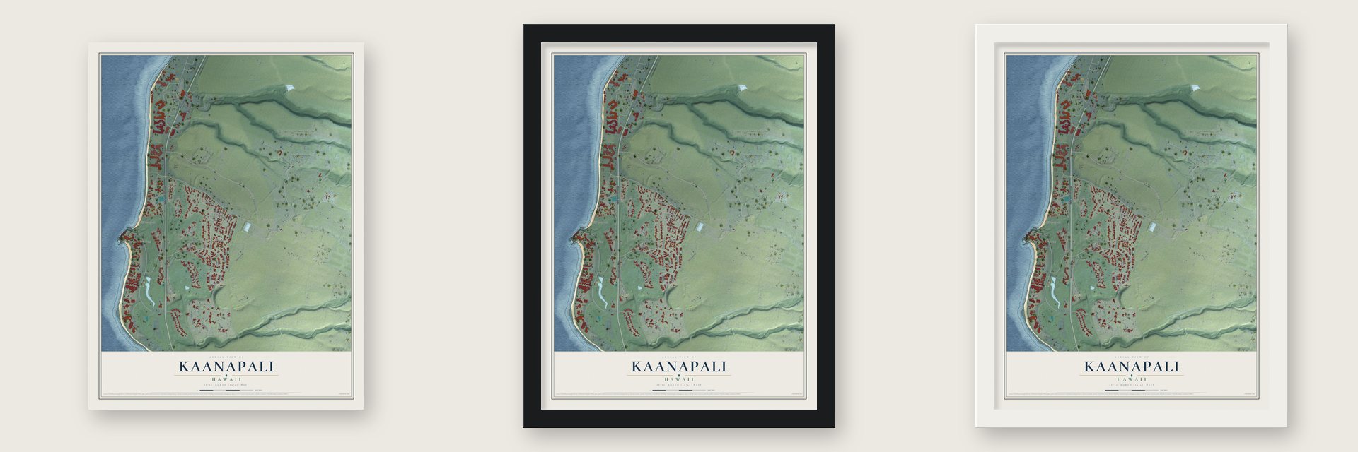 Kaanapali, Hawaii map unframed, in a black wood frame and in a white wood frame