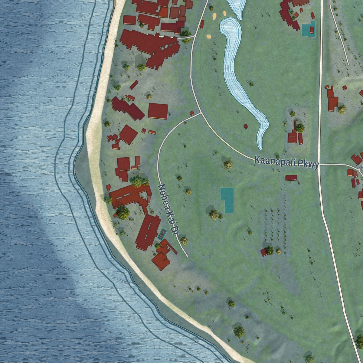 Second close-up of the map of Kaanapali, Hawaii print showing more streets and buildings