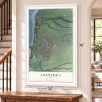 Kaanapali, Hawaii map, 24 x 36 inch print in a white frame by a staircase
