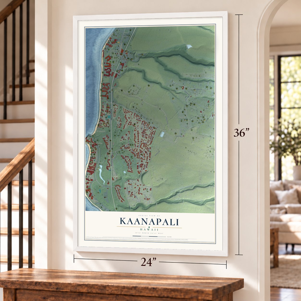 Kaanapali, Hawaii map, 24 x 36 inch print in a white frame by a staircase