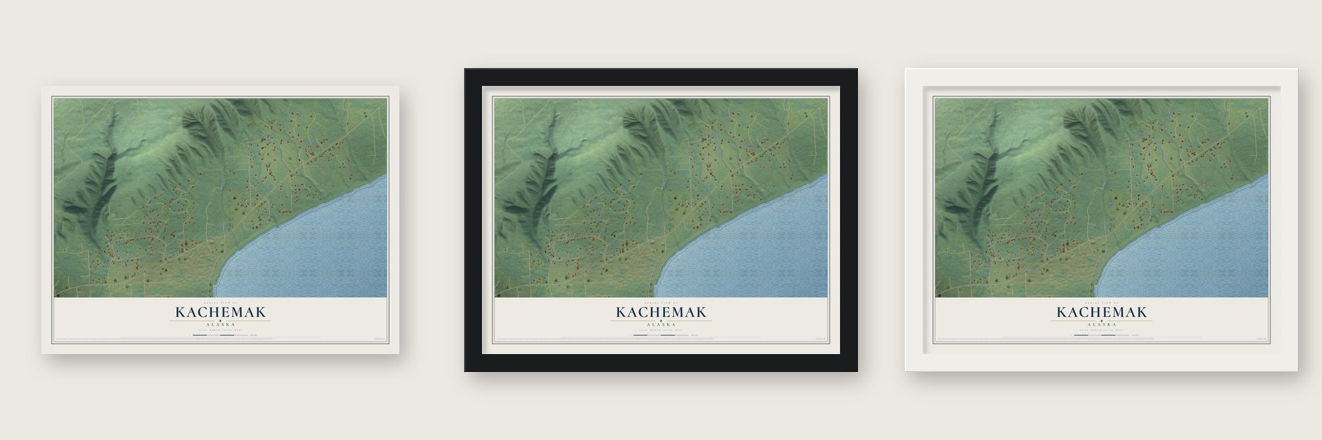 Kachemak, Alaska map unframed, in a black wood frame and in a white wood frame