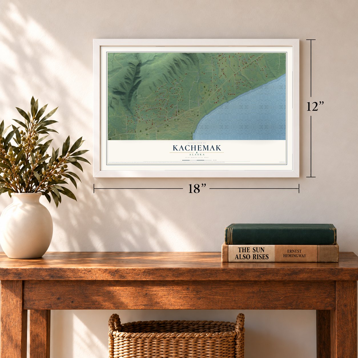 Kachemak, Alaska map, 12 x 18 inch print in a white frame in an entryway