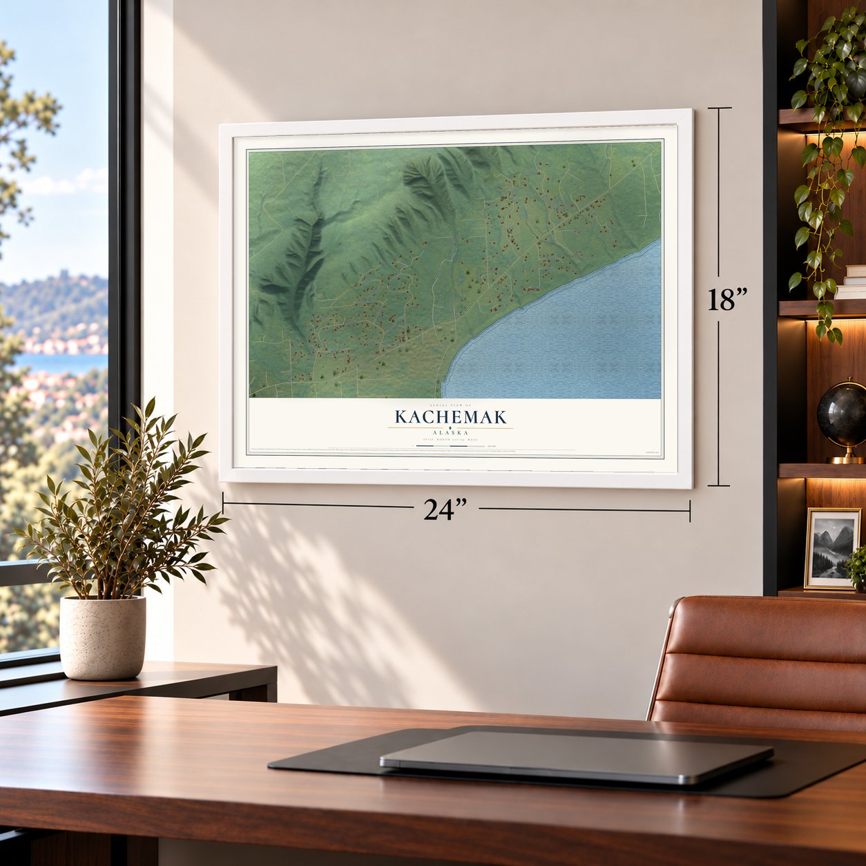 Kachemak, Alaska map, 18 x 24 inch print in a white frame in a home office