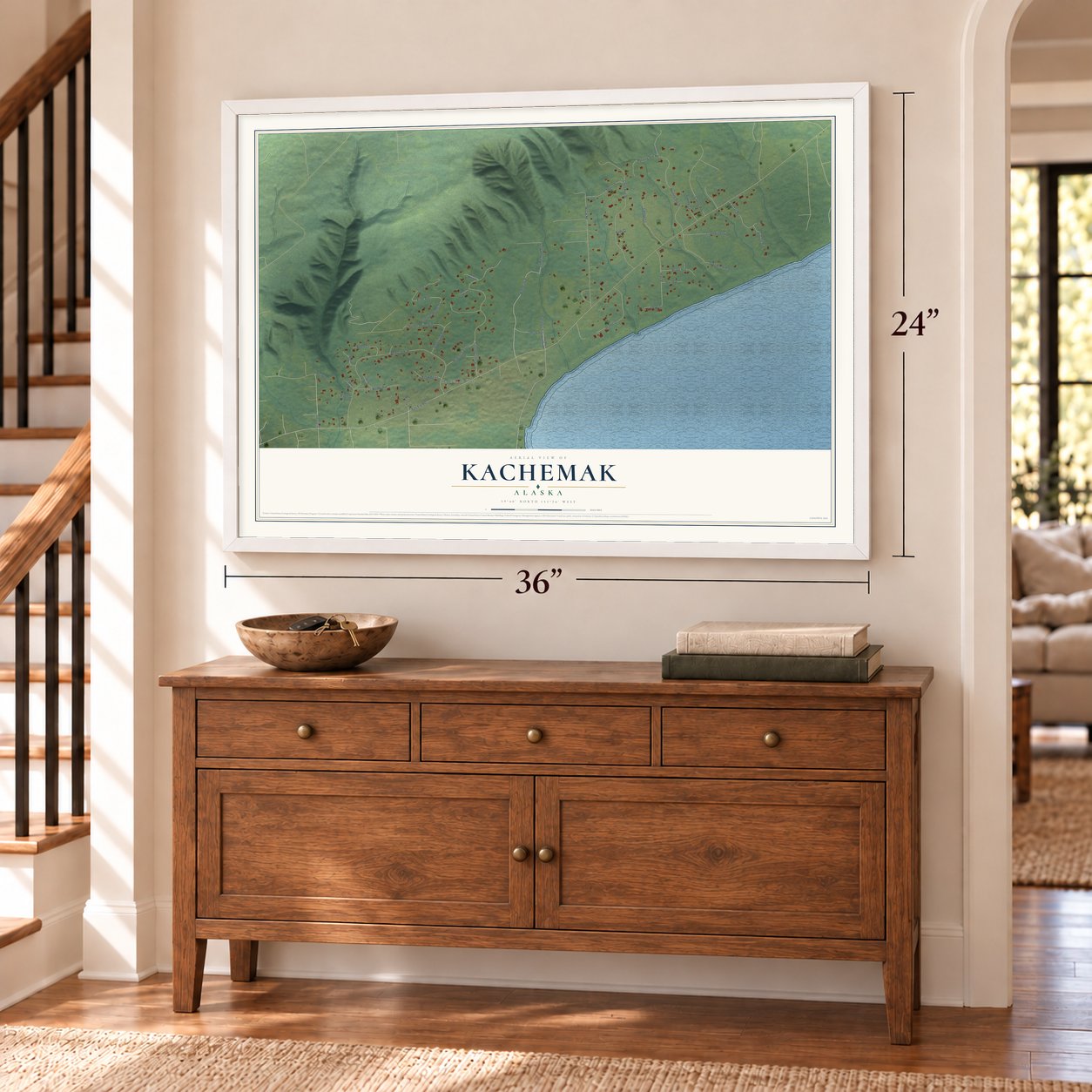 Kachemak, Alaska map, 24 x 36 inch print in a white frame above a dresser by a staircase