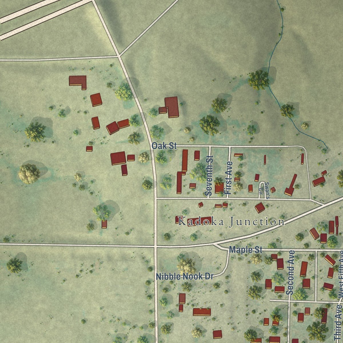 Second close-up of the map of Kadoka, South Dakota print showing more streets and buildings