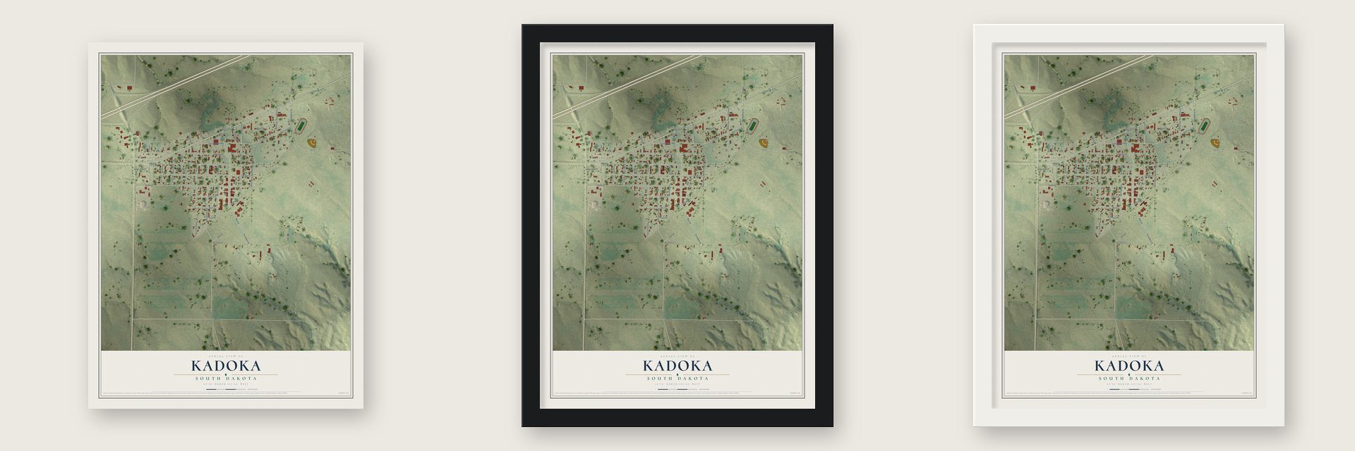 Kadoka, South Dakota map unframed, in a black wood frame and in a white wood frame