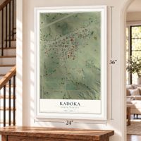 Kadoka, South Dakota map, 24 x 36 inch print in a white frame by a staircase