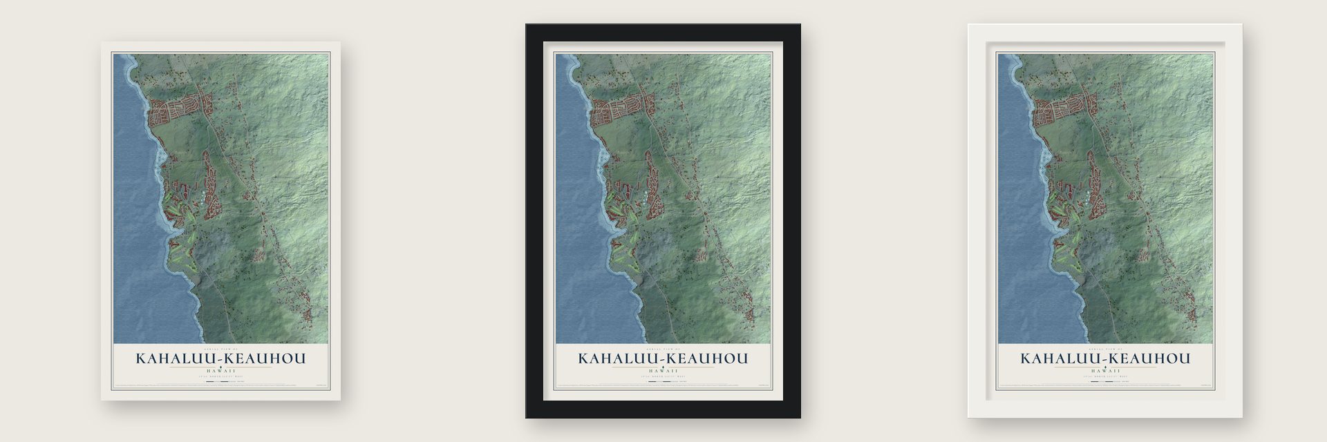 Kahaluu-Keauhou, Hawaii map unframed, in a black wood frame and in a white wood frame