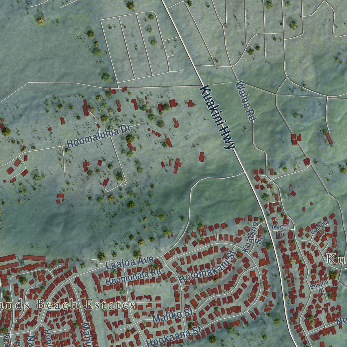 Second close-up of the map of Kahaluu-Keauhou, Hawaii print showing more streets and buildings