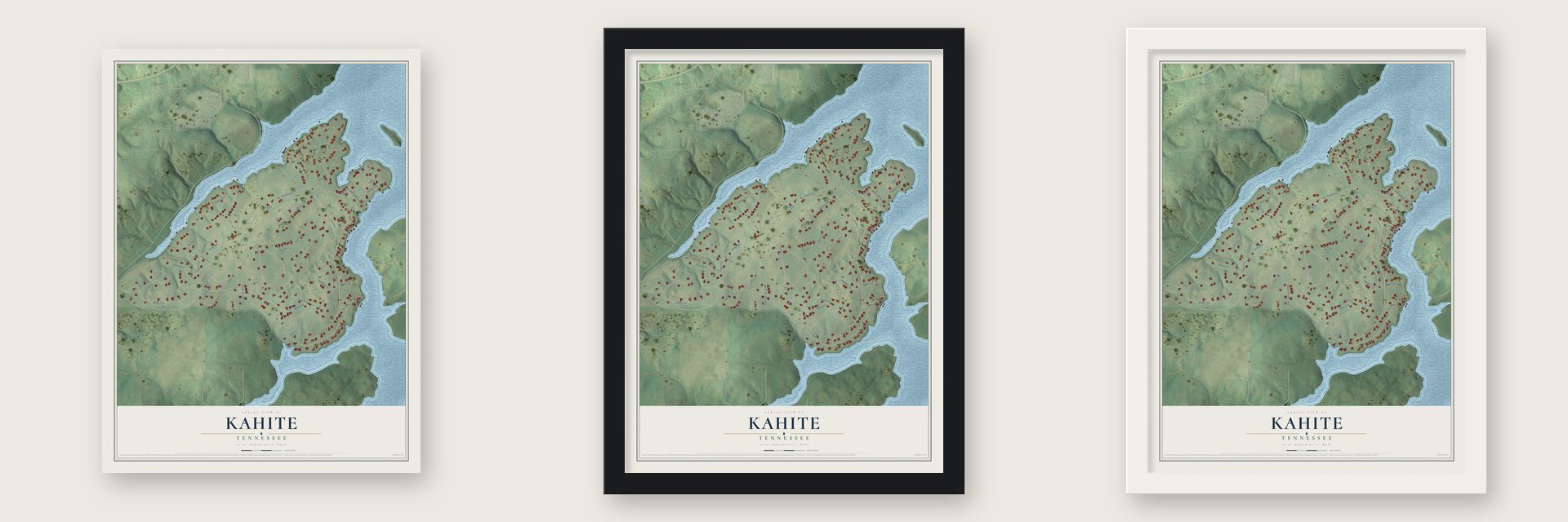Kahite, Tennessee map unframed, in a black wood frame and in a white wood frame