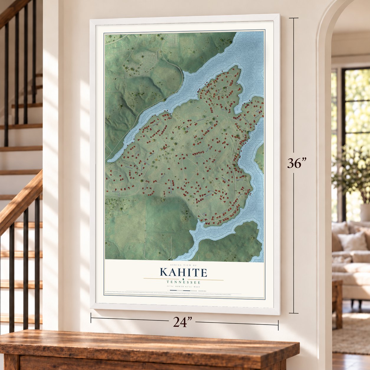 Kahite, Tennessee map, 24 x 36 inch print in a white frame by a staircase