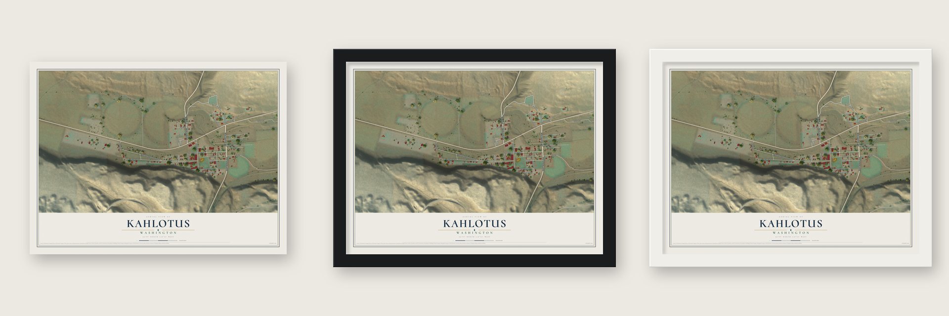 Kahlotus, Washington map unframed, in a black wood frame and in a white wood frame