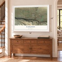 Kahlotus, Washington map, 24 x 36 inch print in a white frame above a dresser by a staircase