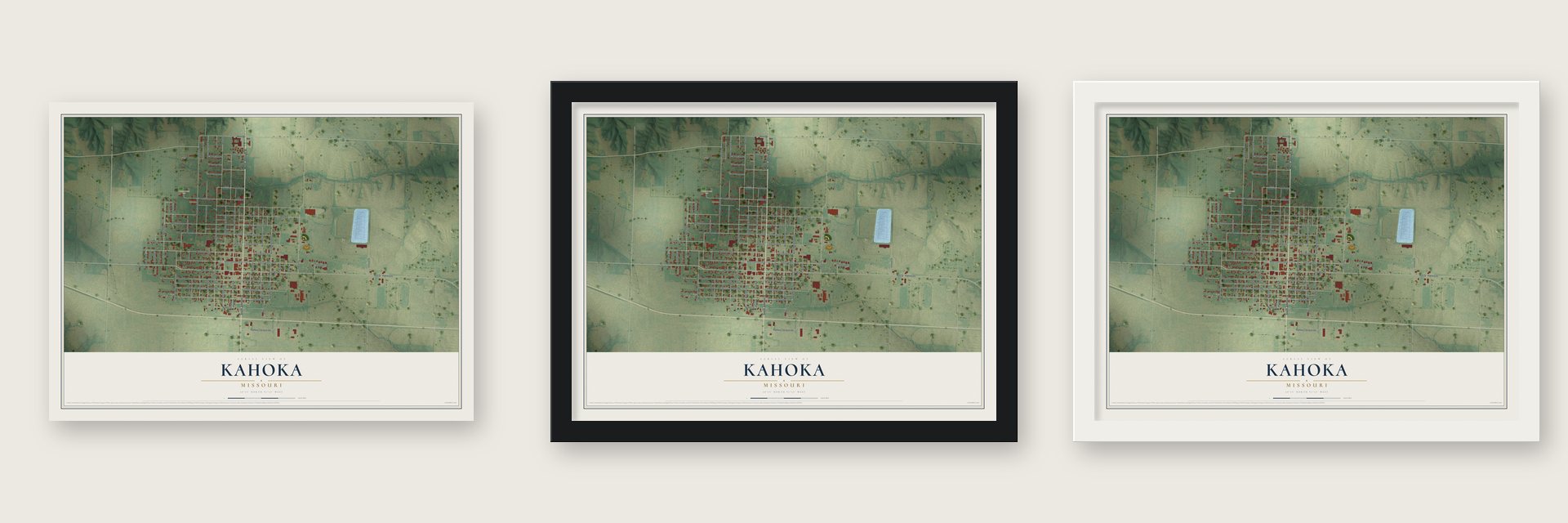 Kahoka, Missouri map unframed, in a black wood frame and in a white wood frame