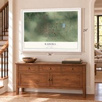 Kahoka, Missouri map, 24 x 36 inch print in a white frame above a dresser by a staircase