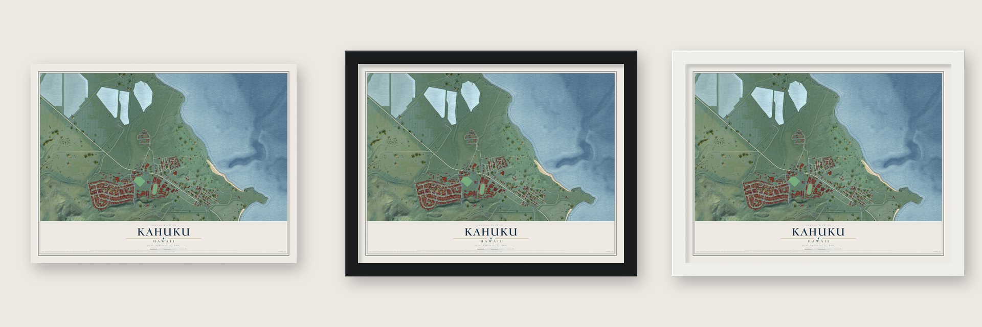Kahuku, Hawaii map unframed, in a black wood frame and in a white wood frame