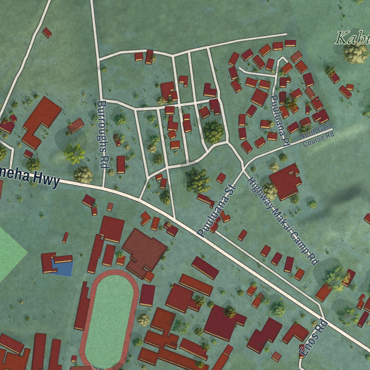 Second close-up of the map of Kahuku, Hawaii print showing more streets and buildings