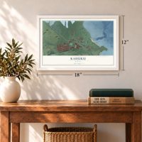 Kahuku, Hawaii map, 12 x 18 inch print in a white frame in an entryway