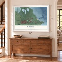 Kahuku, Hawaii map, 24 x 36 inch print in a white frame above a dresser by a staircase
