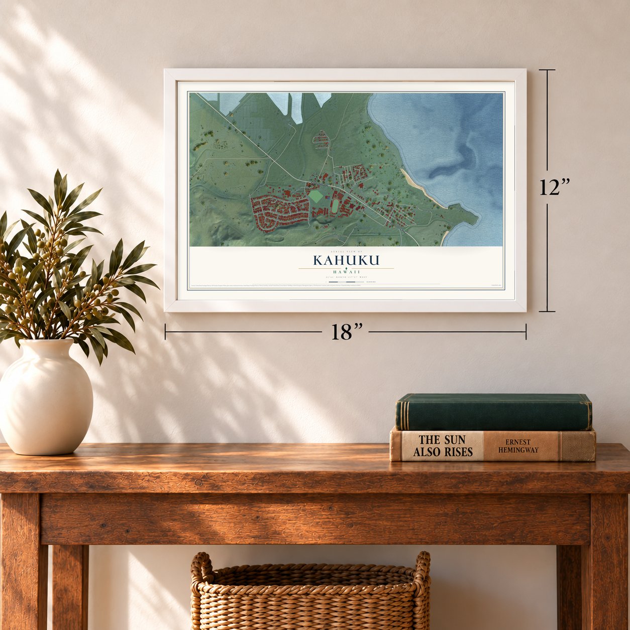 Kahuku, Hawaii map, 12 x 18 inch print in a white frame in an entryway