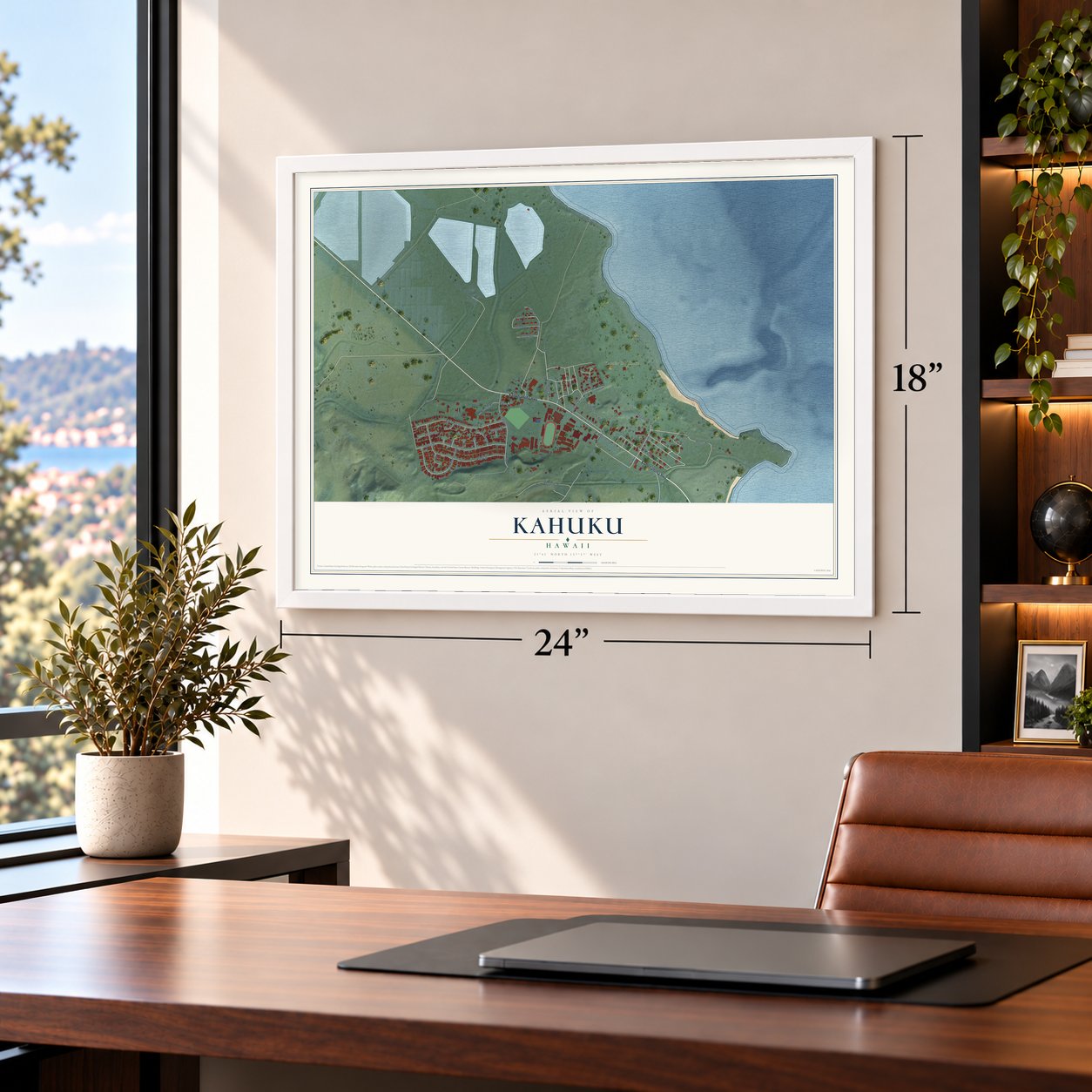 Kahuku, Hawaii map, 18 x 24 inch print in a white frame in a home office