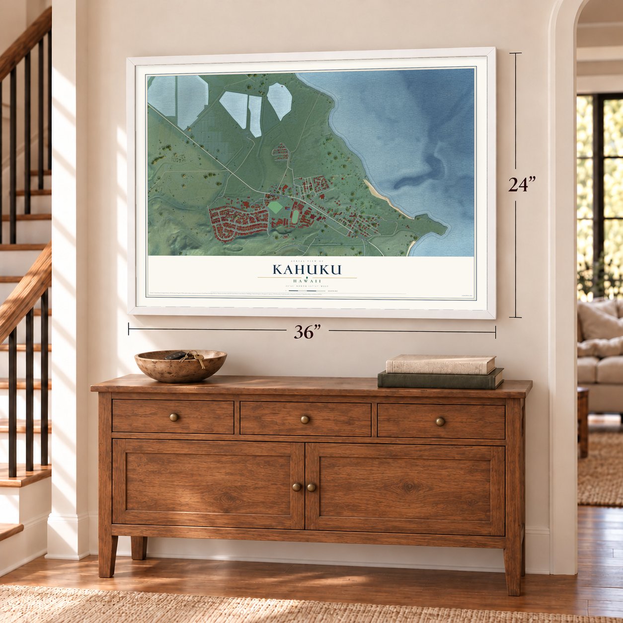 Kahuku, Hawaii map, 24 x 36 inch print in a white frame above a dresser by a staircase