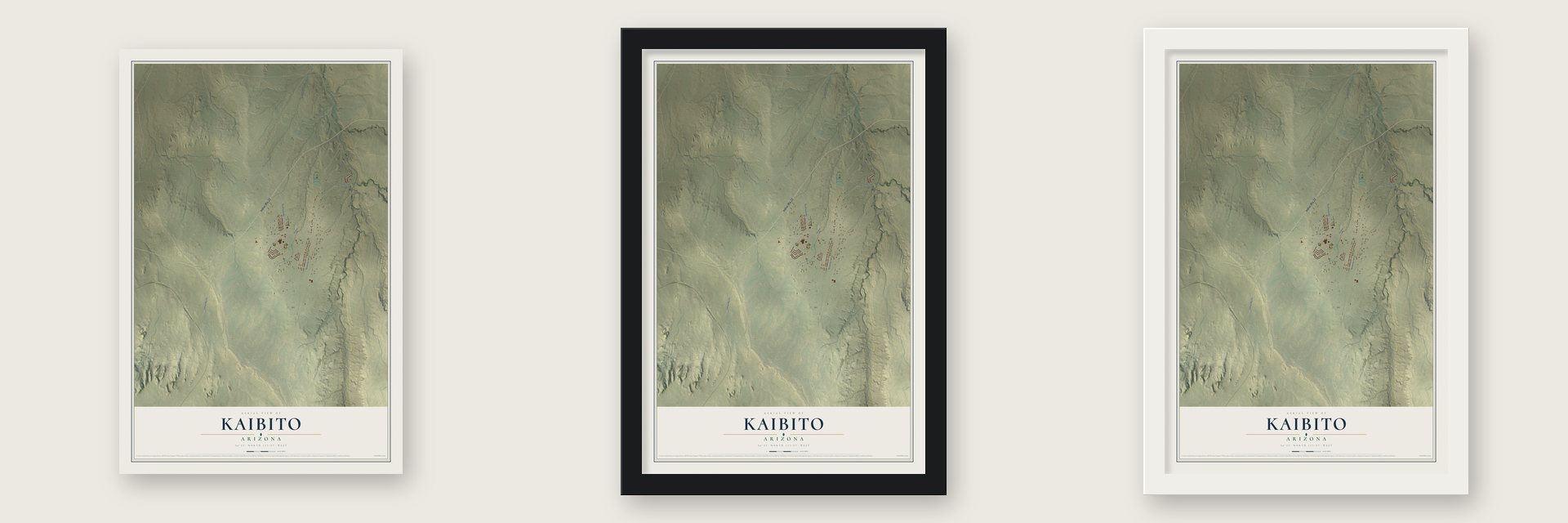 Kaibito, Arizona map unframed, in a black wood frame and in a white wood frame