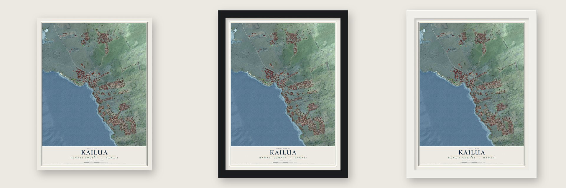 Kailua, Hawaii County, Hawaii map unframed, in a black wood frame and in a white wood frame