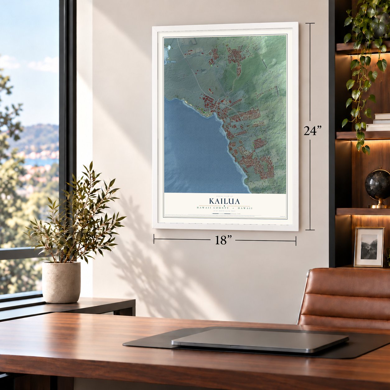 Kailua, Hawaii County, Hawaii map, 18 x 24 inch print in a white frame in a home office