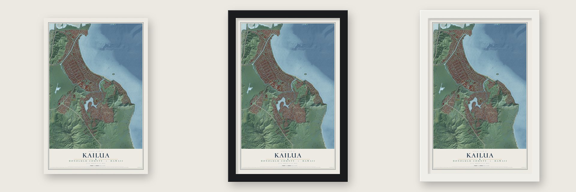 Kailua, Hawaii map unframed, in a black wood frame and in a white wood frame