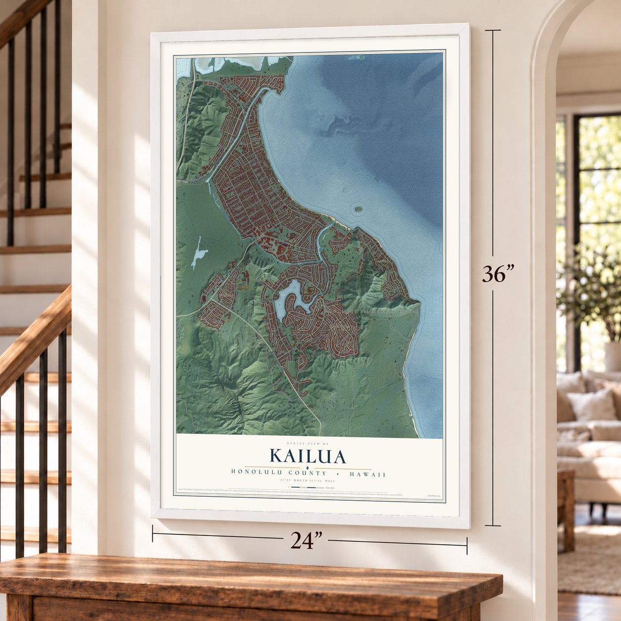 Kailua, Hawaii map, 24 x 36 inch print in a white frame by a staircase