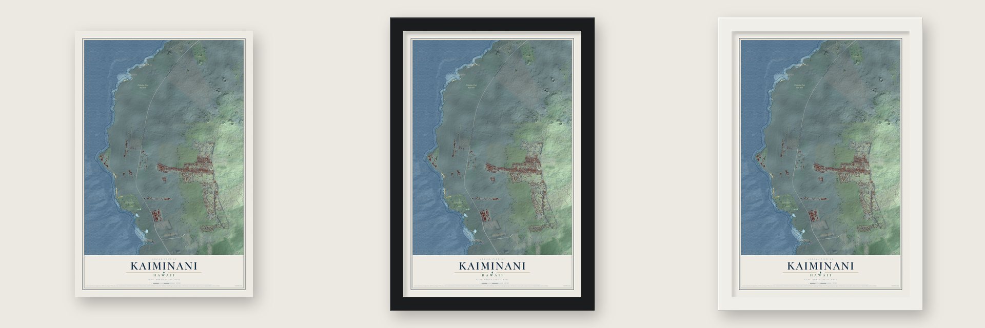 Kaiminani, Hawaii map unframed, in a black wood frame and in a white wood frame