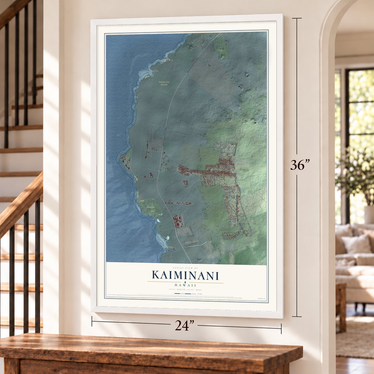 Kaiminani, Hawaii map, 24 x 36 inch print in a white frame by a staircase