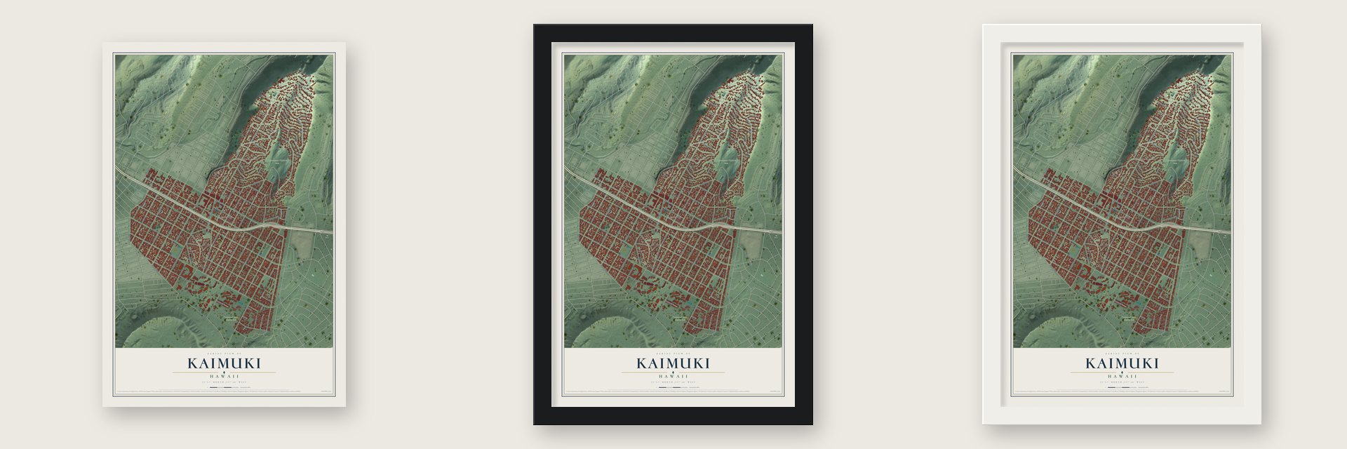 Kaimuki, Hawaii map unframed, in a black wood frame and in a white wood frame