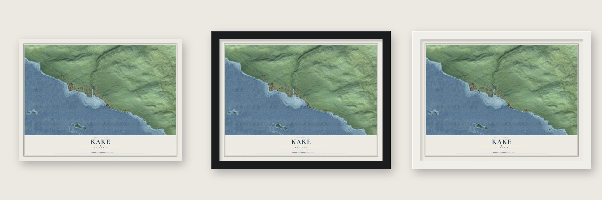 Kake, Alaska map unframed, in a black wood frame and in a white wood frame