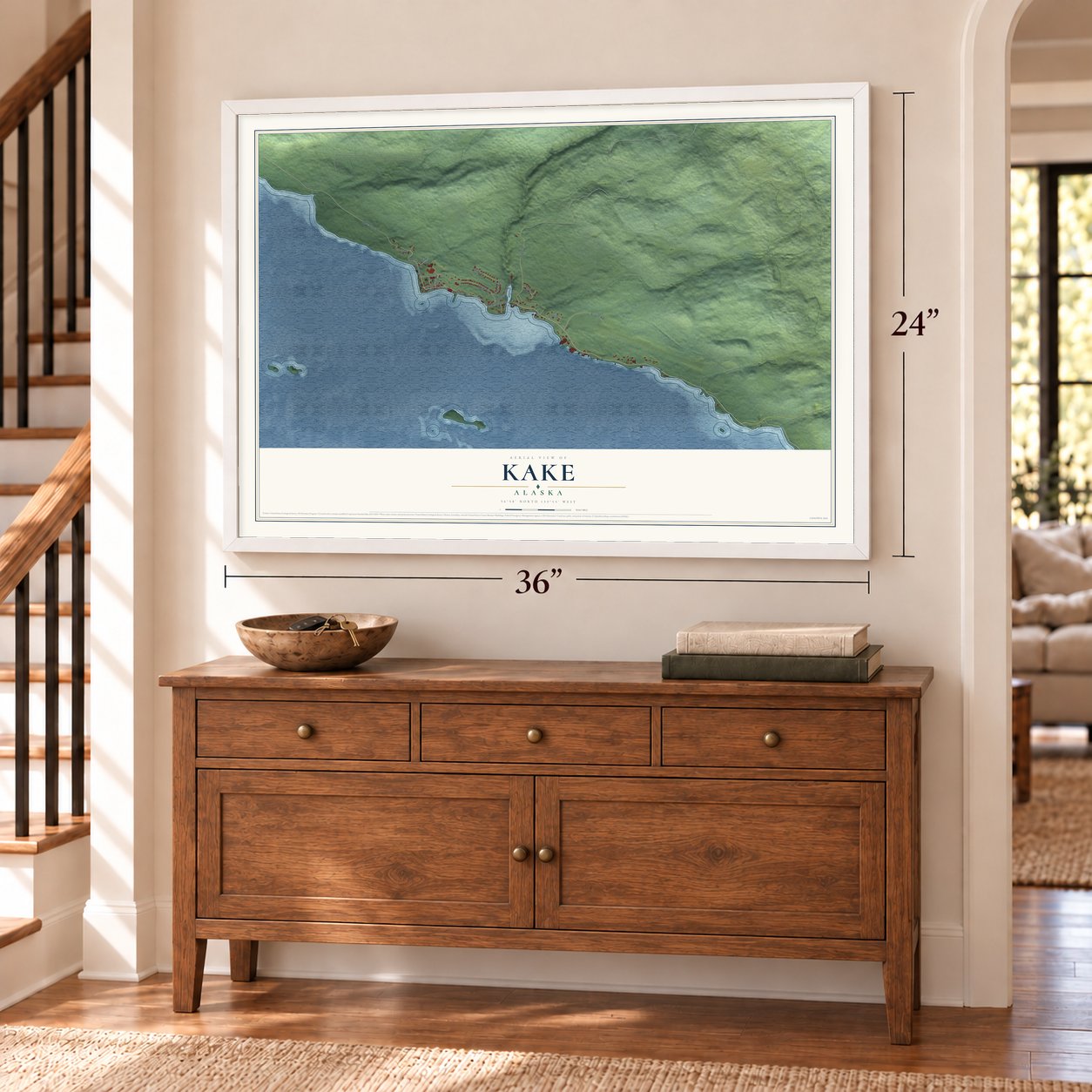 Kake, Alaska map, 24 x 36 inch print in a white frame above a dresser by a staircase